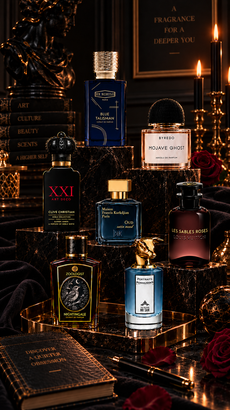 A gothic fragrance collection arranged among candles, roses, and antique books